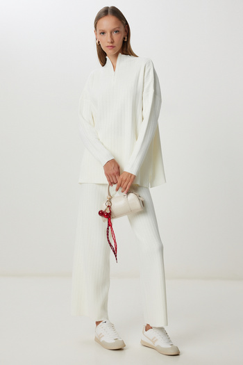 Happiness İstanbul Damen-Knochen-Strickpullover-Hosen-Set YG00109