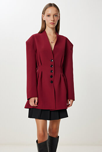 Happiness İstanbul Women's Burgundy Waist Fitted Padded Woven Jacket Kt00026
