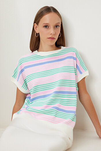 Happiness İstanbul Women's Bone Pink Striped Knitwear Blouse Nv00083