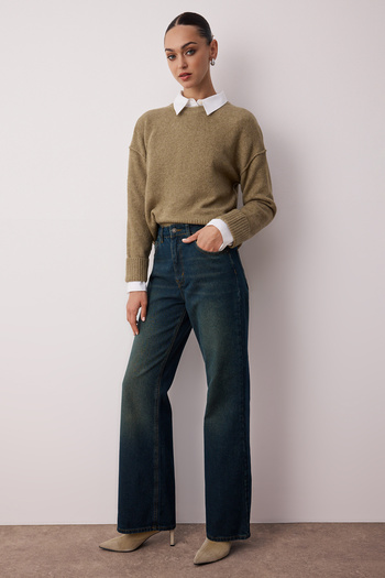 Trendyol Collection Sötétkék magas derekú széles szárú széles szárú farmer TWOAW25JE00095