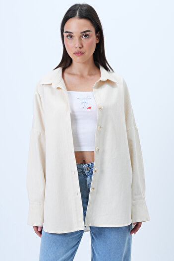 Trend Alaçatı Stili Kadın Krem Armürlü Geniş Manşetli Gabardin Gömlek Ceket ALC-X14326