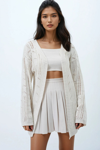 Trend Alaçatı Stili Women's Vanilla V-Neck Self-Motif Long Knitwear Cardigan Alc-X14318