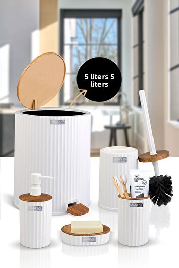 Okyanus Home Coliseum White Wooden Patterned Bucket Pedal 5 Piece Bathroom Set
