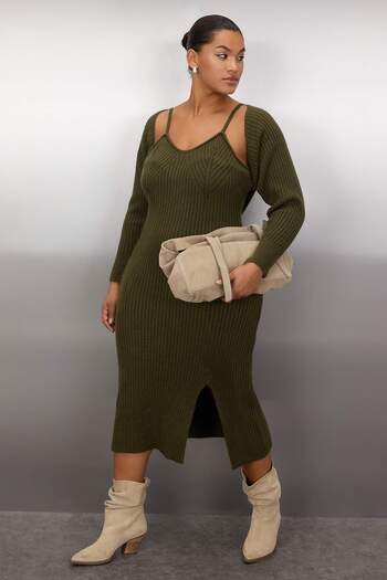 Trendyol Curve Khaki Knitwear Midi Dress and Bolero Set - Ribbed and Slit Tbbaw25Ah00070