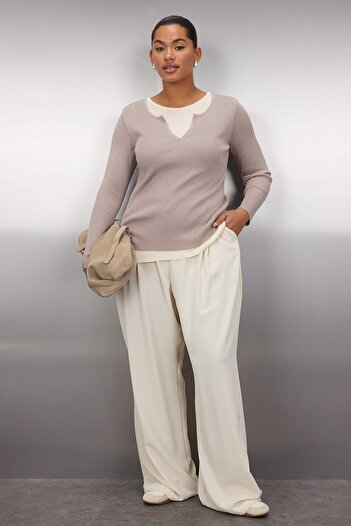 Trendyol Curve Beige Double Layer Look Ribbed Knitwear Sweater Tbbaw26An00017