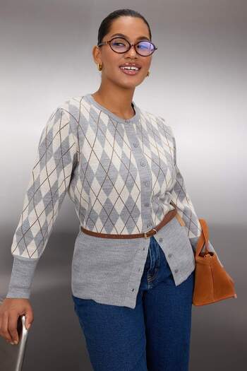 Trendyol Curve Gray Diamond Patterned Jacket Look Knitwear Cardigan Tbbaw26Av00004