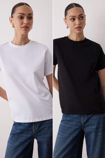 Trendyol Collection Black-And-White 100% Thick Cotton Long Knitted Back T-Shirt Twoaw26Ts00008