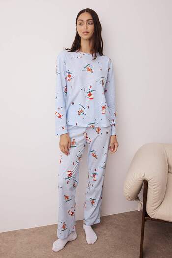 Trendyol Collection Set pijamale tricotate cu modele de Anul Nou albastru THMAW26PT00055
