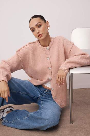 Trendyol Collection Pink Soft Textured Heart Button Wide Fit Knitwear Cardigan Twoaw26Hi00116