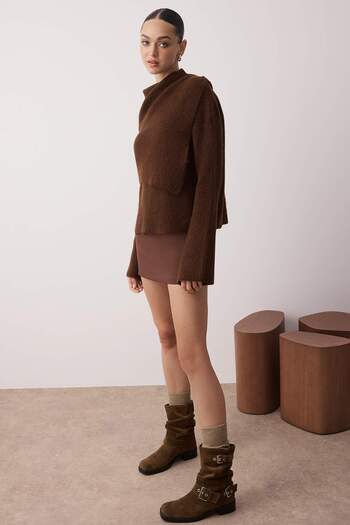 Trendyol Collection Brown 2-Piece Soft Textured Wide Fit Knitwear Sweater-Poncho Set Twoaw26Kz00012