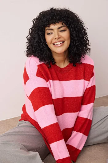 Trendyol Curve Red Pink Striped Crew Neck Knitwear Sweater Tbbaw26An00005
