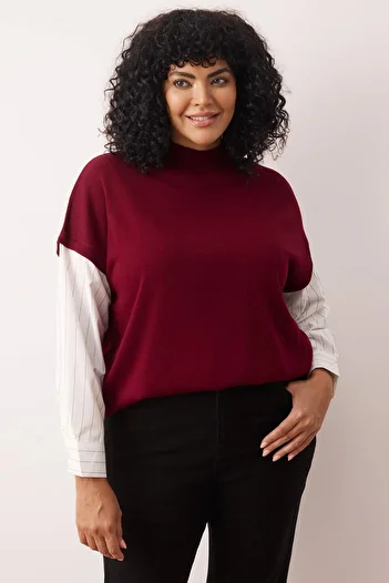 Trendyol Curve Burgundy Sleeves Woven Mixed Knitwear Sweater Tbbaw24An00017