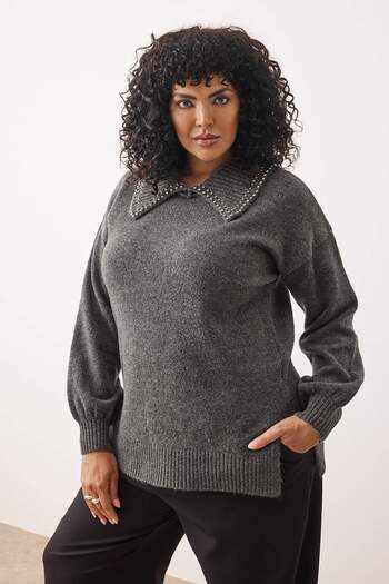 Trendyol Curve Grauer Kragen Stein Detaillierte Strickpullover TBBAW26AN00001