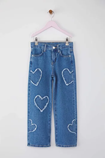 TRENDYOLKIDS Blue Girl Wide Leg Star Pattern Elastic 100% Cotton Denim Pants Tkdaw25Pl00001