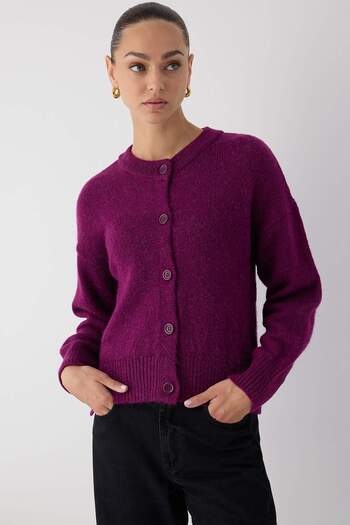 Trendyol Collection More Sustainable Fuchsia Alpaca Wool Blend Premium/Special Yarn Knitwear Cardigan |   Twoaw26Hi00000