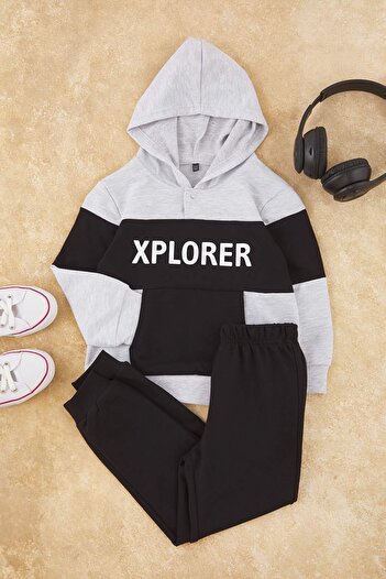 TRENDYOLKIDS Boy's Grey Melange Slogan εμπριμέ βαμβακερή φόρμα καγκουρό - TKDAW25AU00060