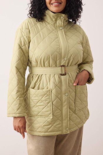 Trendyol Curve Green Regular Fit Belted Water Repellent Quilted Plus Size Coat Twoaw26Aw00015