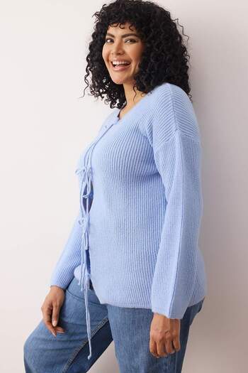 Trendyol Curve Cardigan tricotaj cu detaliu fundita/panglică albastră TBBAW26AV00003