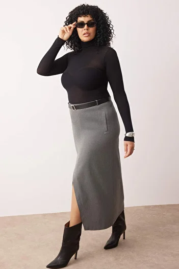 Trendyol Curve Anthracite Belt and Slit Detailed Maxi Woven Plus Size Skirt Tbbaw26Az00007