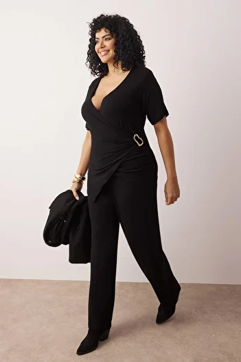 Trendyol Curve Black Knitted Buckle Detailed Large Size Bottom - Top Set Tbbaw26Cp00004