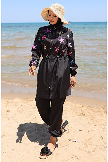 sefamerve Elastischer Bund, Sternmuster, Reißverschluss, Hijab-Badeanzug, Kamm, Geschenk 9005b-01, Schwarz, Lila