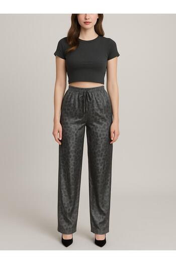 NOLYA MODA Women's Gray Leopard Patterned Satin Wide Leg Pants