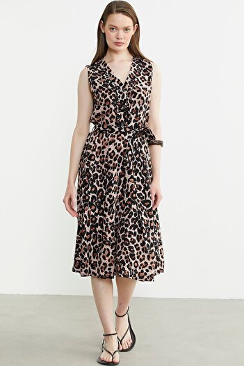 Sementa Patterned Flared Midi Dress - Brown