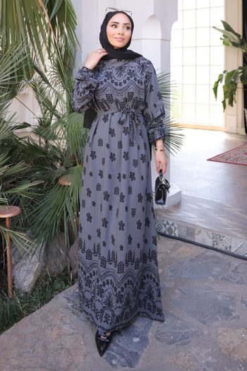 İmajButik Gray Patterned Skirt Layered Viscon Dress
