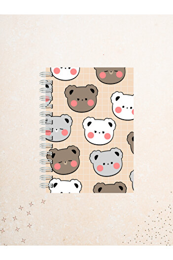 Ez&Tu Stıcker Cute Teddy Bear Patterned Notebook – 60 Sheets / 120 Pages – Unlined Wire Spiral