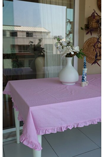 vintagetasarım masa örtüsü pötikare fırfırlı pembe vintage 150x120