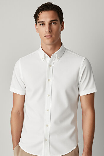 WAMOSSALAPLI Чоловіча сорочка Slim Fit, вузького крою, з короткими рукавами та ґудзиковим коміром, біла