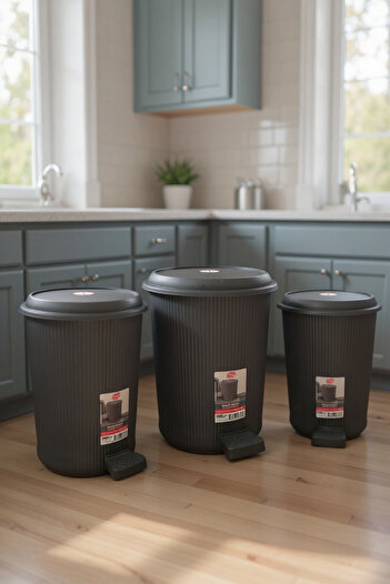 Living Set of trash bins, 3 pieces of different sizes, with a mat and lid, gray color.