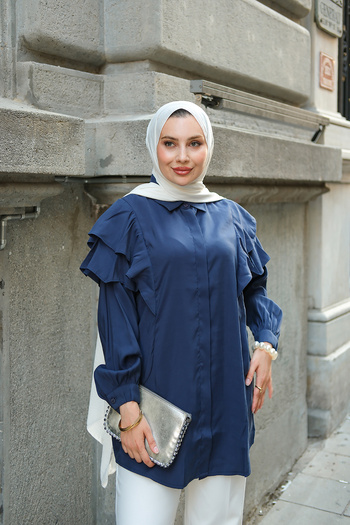 LOCCO Navy Blue Shirt - Hidden Button and Ruffle Detail