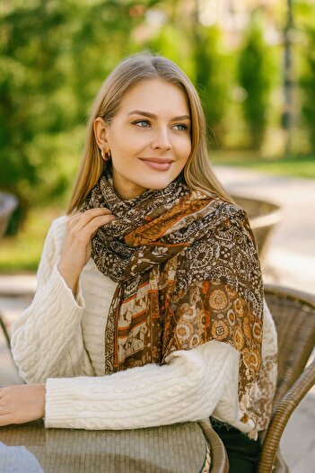 Axesoire 15069 Multi-patterned Tasseled Brown Shawl