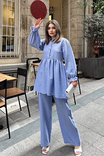 NEW LAVİVA Baby Blue Frilly Cotton Set - Prevailing Collar, Balloon Sleeve and Wide Leg Trousers