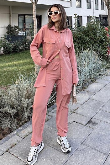 NEW LAVİVA Women's Pink Double Pocket Long Shirt & Elastic Waist Pants - Comfortable Bottom & Top Set