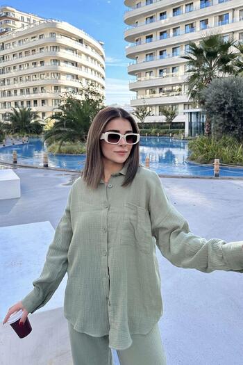 NEW LAVİVA Women's Khaki Loose Long Shirt & Elastic Waist Trousers - Bottom & Top Muslin Fabric Set
