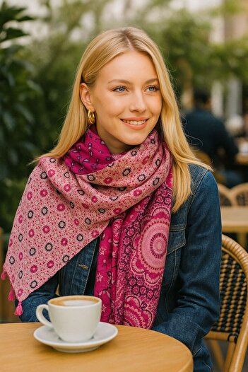 Axesoire 15069 Multi-Patterned Fuchsia Shawl with Tassels