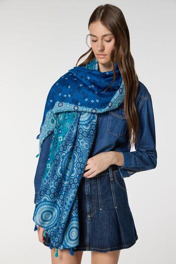 Axesoire 15069 Multi-Patterned Tasseled Blue Shawl