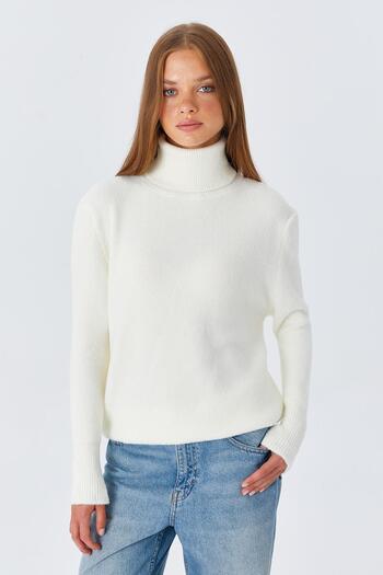 Mixray 6278 Model White Turtleneck Bearded Women's Knitwear Sweater