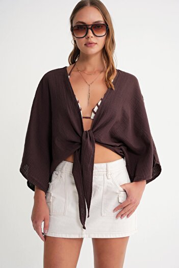 Mixray 4723 Women's Tie Front Bolero Blouse Brown