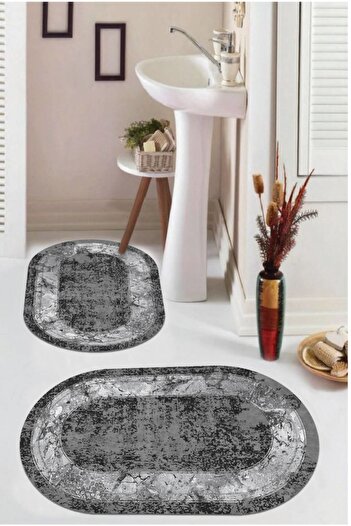 Aldora Anthracite Non-Slip Base Oval Bath Mat Set Bb-117