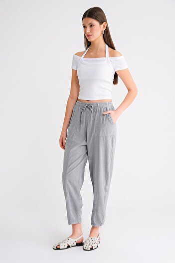 Mixray 4436 Women's Linen Striped Shalwar Trousers Gray