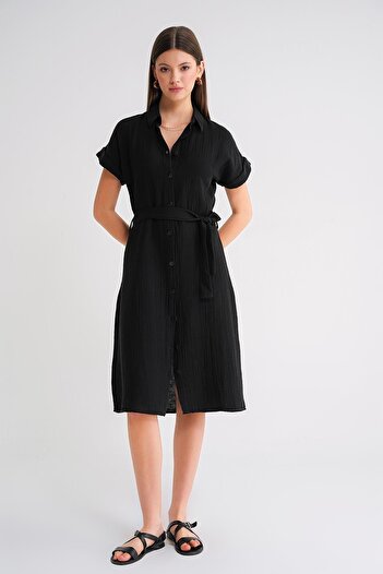 Mixray 3972 Women's Belted Short Sleeve Shirt Collar Midi Dress Black
