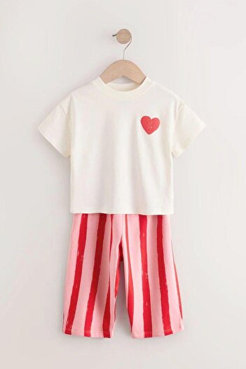 Monila Girl's Heart Pattern Cotton Tshirt and Striped Pants Bottom Top Set