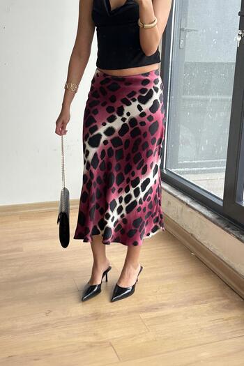 Mixray 4647 Women's Elastic Waist Leopard Satin Skirt Claret Red
