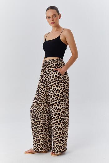 Mixray 4546 Model Beige Satin Palazzo Trousers - Leopard Pattern