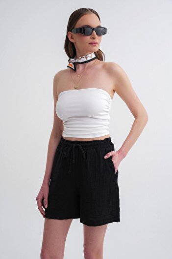 Mixray 4548 Women's Elastic Waist Muslin Shorts Black