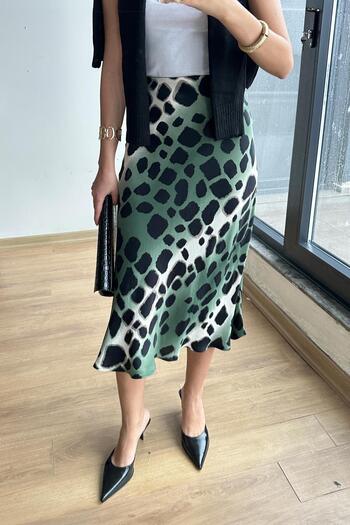Mixray Women's Elastic Waist Leopard Satin Skirt and Khaki