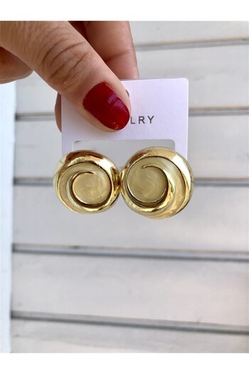 Gözde Tasarım Butik Women's Gold Gold Color Marble Tie-Dye Pattern Round Rice Earrings